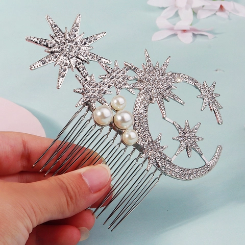 Lussuoso Pettine Capelli Sposa in Lega Argento Luna Stella Con Strass E Perla Artificiale Elegante Copricapo Matrimonio Gioielli Donna