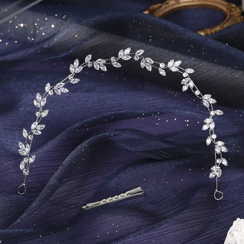 Elegant Silver Leaf Hair Vine Headband With Rhinestones For Women Bridal Wedding Party Handmade Hairband Jewelry Includes Bobby Pins