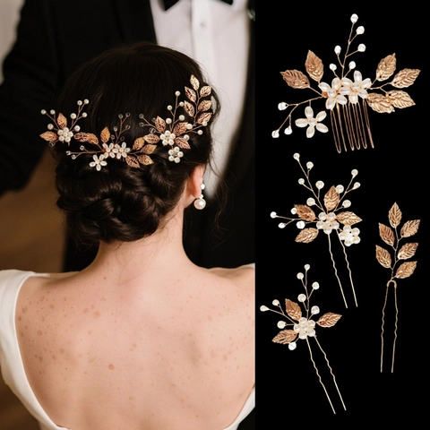 Joyas de Lujo para el Cabello de Novia con Hojas de Aleación Doradas Perlas Artificiales de Imitación y Cristal Peine y Horquillas para Boda Mujer