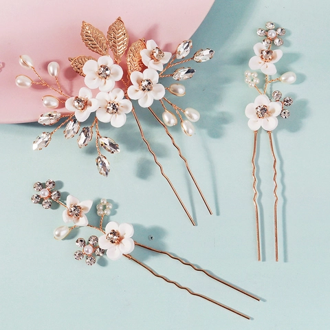 Orecchini a Bottone Fatti a Mano Fiore Bianco Perla Artificiale Bastone per Capelli Foglia d'Oro Strass Matrimonio Accessori
