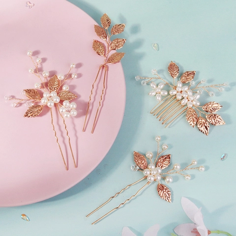 Joyas de Lujo para el Cabello de Novia con Hojas de Aleación Doradas Perlas Artificiales de Imitación y Cristal Peine y Horquillas para Boda Mujer