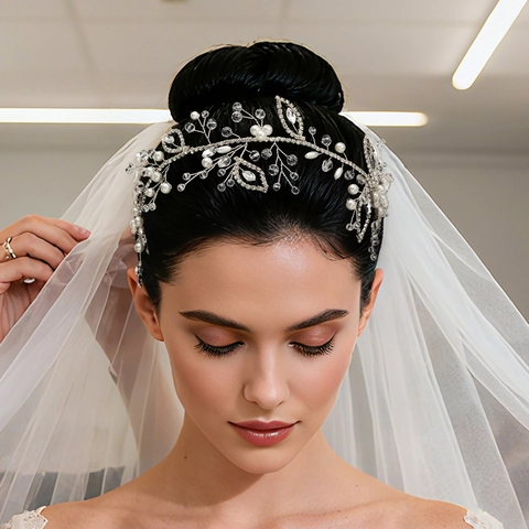 Fermaglio Capelli Sposa Fatto a Mano Con Perla Artificiale Strass Foglia Argento Fiore Cerchietto Per Matrimonio Festa Banchetto Donna Gioielli
