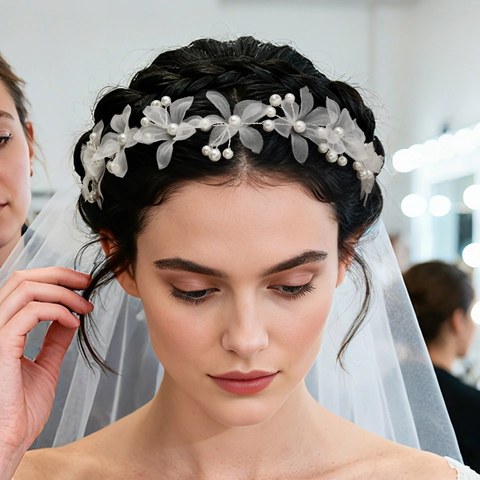 Diadema Nupcial Elegante de Pétalo de Tul Hecha a Mano Con Perla Artificial Cadena Suave para Fotografía de Boda Joyería