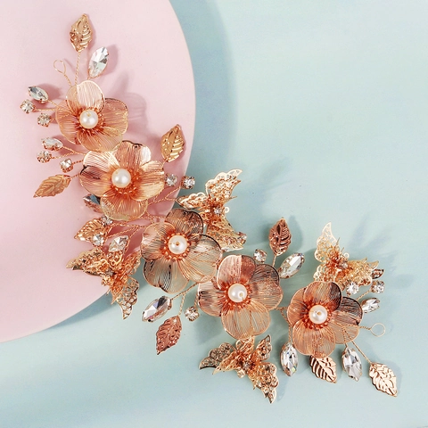 Fascia per Capelli da Sposa Vintage in Lega d'Oro con Strass Perle Artificiali Fiori Farfalla Traforata Copricapo da Donna