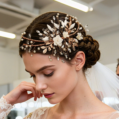 Vintage Fatto a Mano Sposa Fiore Capelli Vite Oro Lega Perla Artificiale Strass Matrimonio Fascia per Capelli Donna Elegante Copricapo