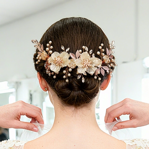 Set di Pettine per Capelli da Sposa e Fascia Fatto a Mano Fiore di Resina Bianca Foglia di Lega Perla Artificiale Strass