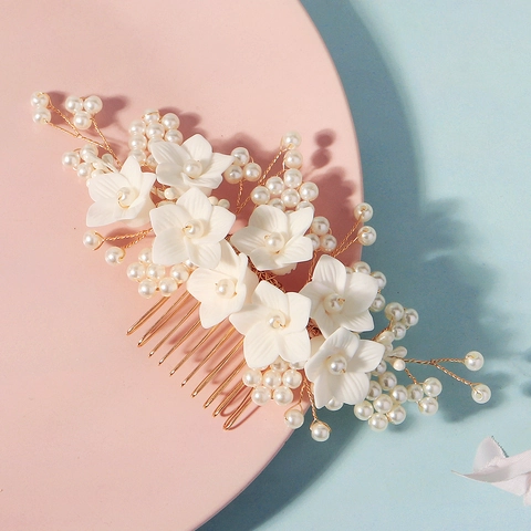 Eleganter Braut Blumen Haarkamm Künstliche Perle Handgefertigt Golddraht Harz Blume Kopfschmuck Für Hochzeit Party Bankett Damen