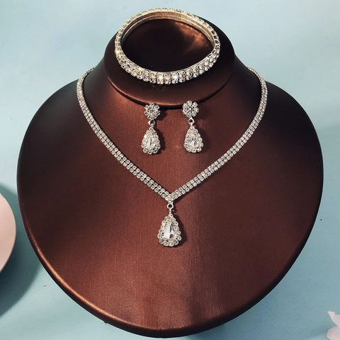 Lujoso Conjunto de Joyas de Estrás con Gota de Agua Color Plata Collar Pendientes Pulsera Accesorios de Fiesta Boda Mujer