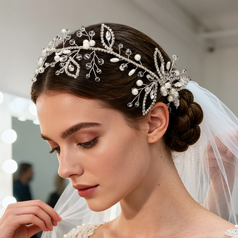 Handgemachte Silber Braut Haarranke Mit Strass Und Künstlichen Perlen Blatt Design Eleganter Hochzeits Haarschmuck Für Damen
