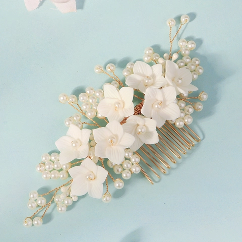 Brauthaarkamm Im Waldstil Weiße Harzblume Künstliche Perle Hochzeit Bankett Golddraht Eleganter Kopfschmuck Für Damen