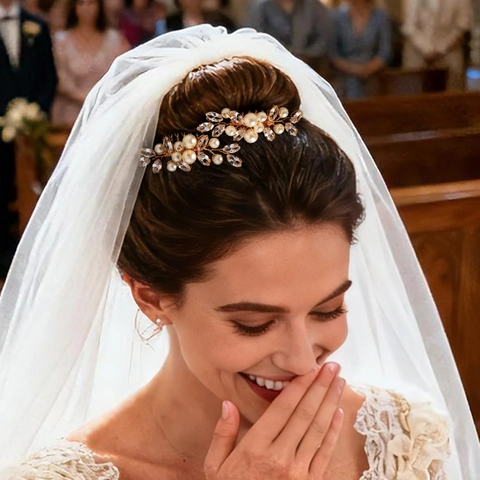 Set di 2 Pettini per Capelli a Forma di Fiore in Lega Dorata Vintage per Donna Sposa Matrimonio Festa Con Perle Artificiali Zirconia Strass