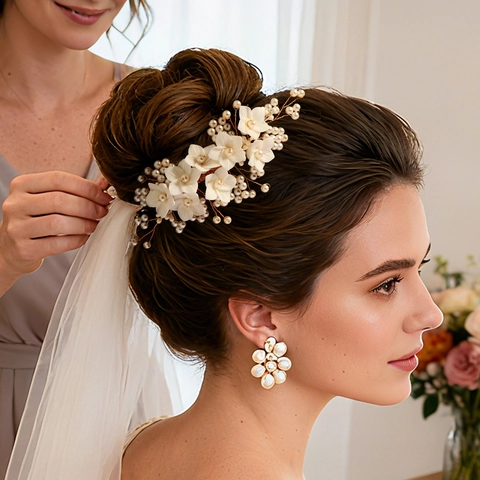 Eleganter Braut Blumen Haarkamm Künstliche Perle Handgefertigt Golddraht Harz Blume Kopfschmuck Für Hochzeit Party Bankett Damen
