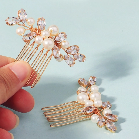 Pettini per Capelli da Sposa in Lega d'Oro Zirconia Perle Artificiali Fatti a Mano Accessori Gioielli per Matrimonio Donna Stile Boho