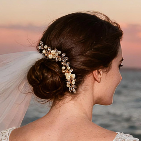 Pettini per Capelli da Sposa in Lega d'Oro Zirconia Perle Artificiali Fatti a Mano Accessori Gioielli per Matrimonio Donna Stile Boho