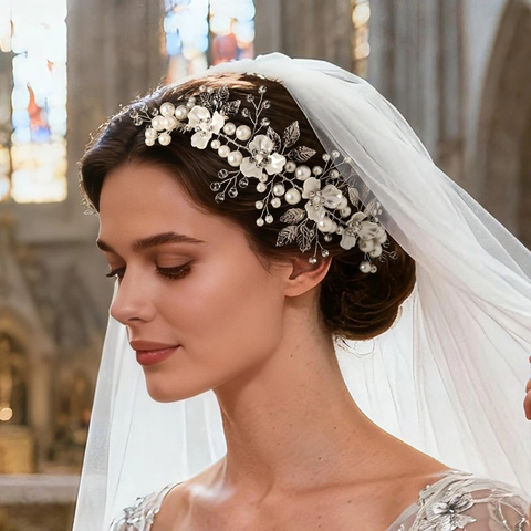 Handgemachte Braut Blumen Stirnband Silberfarbene Legierung Blatt Künstliche Perle Strass Hochzeit Kopfschmuck Damen Schmuck