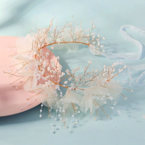 Handgemacht Sweet Forest Style Braut Haarschmuck Weiß Netz Blume Künstliche Perle Stirnband Für Hochzeit Party Damen Schmuck