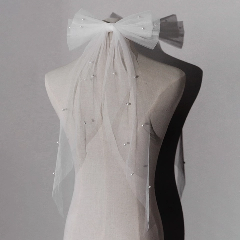 Elegante Grande Velo da Sposa con Fiocco in Rete Bianca e Perla Artificiale Fermaglio per Capelli da Sposa Nastro di Tulle