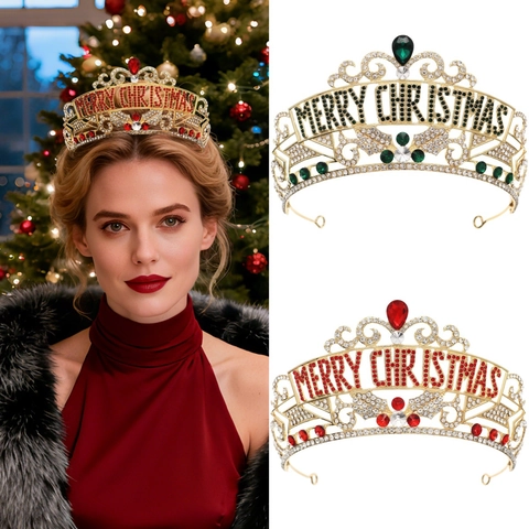 Feliz Navidad Letra Aleación Corona Tiara Verde Rojo Diamantes de Imitación Fiesta Festiva Princesa Tocado Accesorios Cabello Regalo