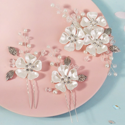 Handgefertigt Braut Blumen Haarspangen Set Weiß Künstliche Perle Strass Legierung Haarnadeln Für Hochzeit Party Damen Kopfschmuck