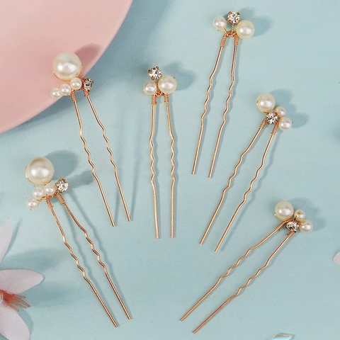 Elegant Gold Alloy U-Shaped Hair Forks With Artificial Pearl And Rhinestone For Bridal Wedding Banquet Women Hair Accessories