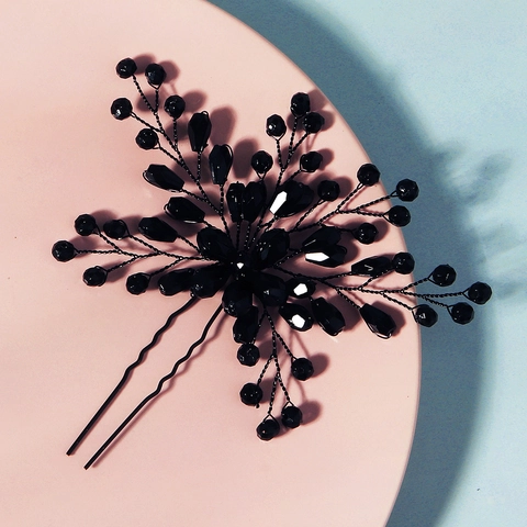 Vintage Schwarzer Kristall Perlen Haarstab Handgefertigt Sternenhaufen Zweig Haarnadel Hochzeit Bankett Halloween Haarschmuck