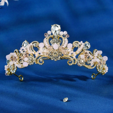 Lussuosa Corona da Sposa in Lega d'Oro con Strass e Perle Rosa Design Floreale Diadema Vintage per Matrimonio Festa Compleanno Accessori Capelli Donna