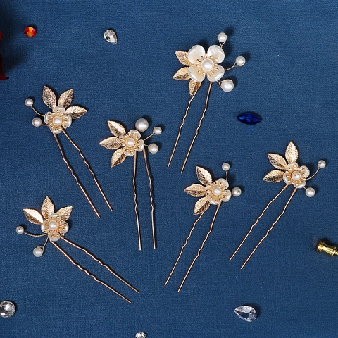 Palillos para el Cabello Retro Oro Aleación Flor Acrílica Perla Artificial de Imitación para Mujer Boda Fiesta Elegantes Horquillas en U