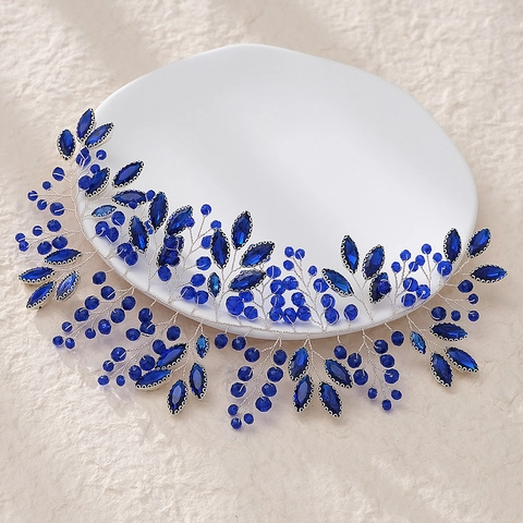 Vigna per Capelli da Sposa con Strass in Cristallo Blu Fatta a Mano per Donna Filo in Lega Argento Fascia Foglia Matrimonio Gioielli