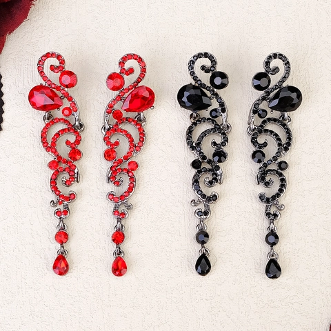 Pendientes de Borla de Gota de Agua Barrocos Vintage Mujer Joyas de Strass Negro Rojo Fiesta de Halloween Banquete Elegante
