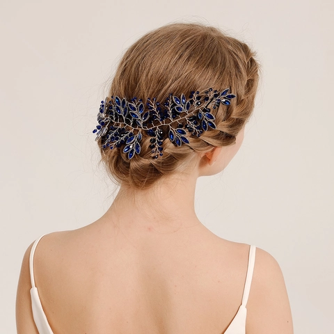 Elegante Vite per Capelli da Sposa con Foglie di Strass Blu Fascia Tessuta a Mano in Filo d'Argento per Gioielli da Matrimonio