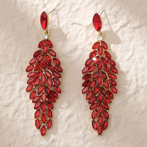 Vintage Luxury Ruby Red Rhinestone Leaf Drop Earrings Gold Alloy Dangle Earrings For Wedding Party Bridal Women Jewelry