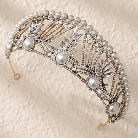 Tiara a Corona con Perle in Stile Palazzo Vintage Barocco Elegante Copricapo per Matrimonio Festa Lega in Oro Antico Strass