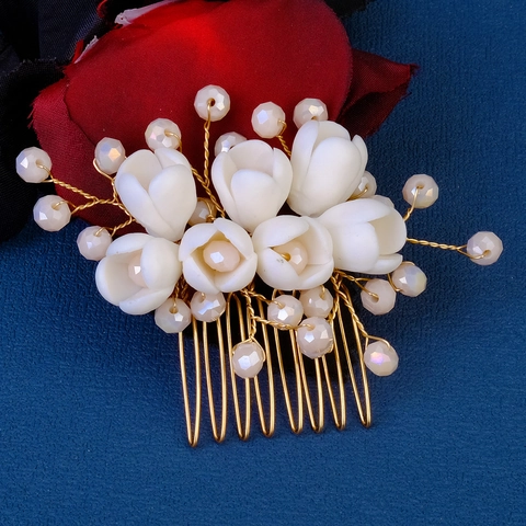 Vintage Chinesischer Stil Braut Haarkamm Mit Keramikblumen Und Künstliche Perlen Gold Legierung Blumen Kopfschmuck Für Hochzeit Party Damen Schmuck