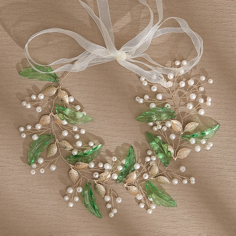 Cerchietto da Sposa Fatto a Mano con Foglia d'Oro con Perla Artificiale Strass Acrilico Stile Bosco Accessorio Capelli Matrimonio Donna