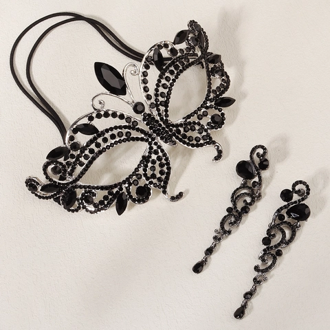 Maschera Farfalla Gotica con Strass Neri e Orecchini Lunghi a Nappa per Halloween Festa di Gala Gioielli Donna