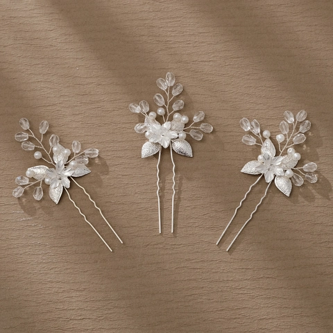 Forcine per Capelli Matrimonio Fiore Lega Argento Perla Artificial Sintetica Strass Bastoncini per Capelli a U Per Sposa Banchetto Donna