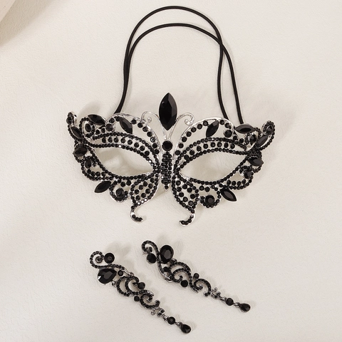 Maschera a Farfalla per Ballo in Maschera Vintage E Orecchini Lunghi con Strass Accessori Gioielli in Lega Nera per Festa Halloween Donna