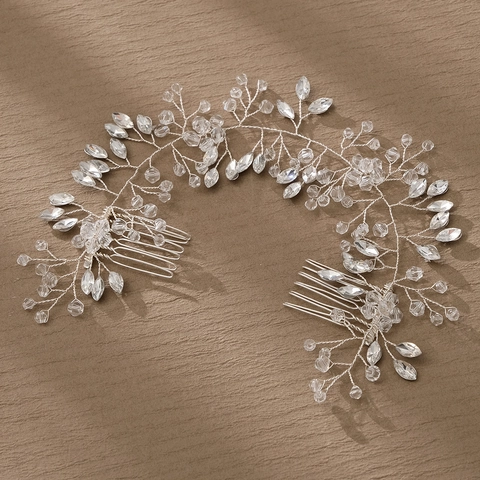 Peineta de Novia Hecha a Mano Vintage Plata Cristal Diamante de Imitación Perla Artificial Tocado de Boda Elegante Hoja Vid Accesorios