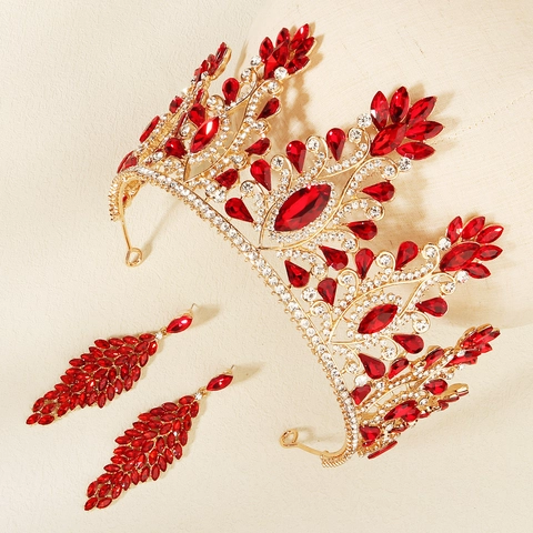 Vintage Baroque Gold Red Rhinestone Crown And Earrings Luxurious Bridal Wedding Party Prom Jewelry Accessories For Women