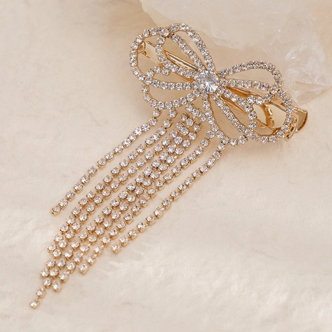 Pince à Cheveux avec Nœud Papillon et Gland en Alliage Doré et Strass Élégante Pince Bec de Canard pour Mariage Femme