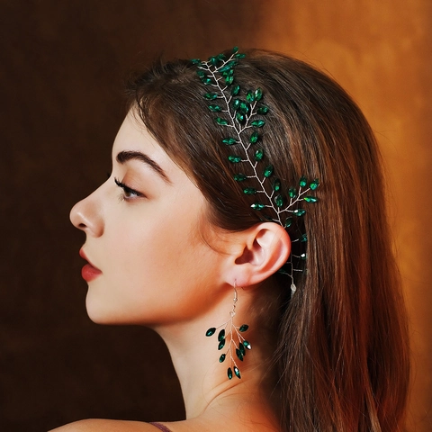 Vintage Handmade Bridal Hair Vine With Matching Earrings Alloy Marquise Rhinestone Leaf Hair Accessory Elegant Wedding Jewelry