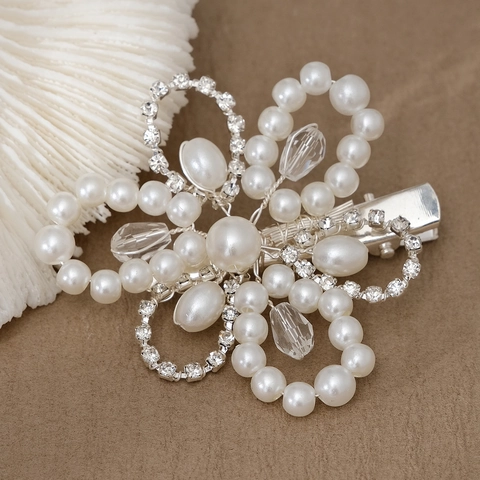 Pinza para el Cabello de Boda Vintage Francés Aleación Perla Artificial Strass Cristal Floral Pinza de Pico de Pato Para Mujer