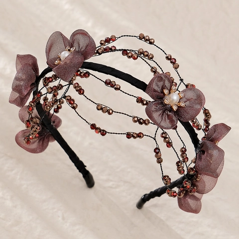 Diadema de Cuentas Hecha a Mano Vintage Flor de Malla Perla Artificial de Imitación Strass Accesorios para el Cabello de Novia para Boda Fiesta Mujer