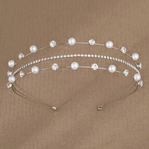 Elegante Diadema de Novia Multicapa con Strass y Perla Artificial Plateada Estilo Coreano Geométrica Banda para Pelo de Boda Mujer