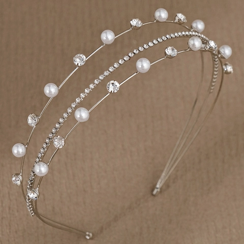 Diadema de Aleación de Plata de Triple Capa Elegante Corona de Perla Artificial y Strass Accesorio Cabello Boda Fiesta