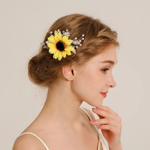 Handgemachte Sonnenblume Braut Haarkamm Mit Künstlicher Perle Strass Legierung Blatt Hochzeit Hanfu Haarschmuck Für Damen