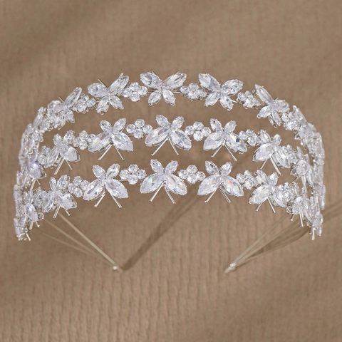 Cerchietto di Lusso Multistrato con Farfalle in Zirconia per Donna Diadema in Rame Placcato Argento Accessorio Capelli
