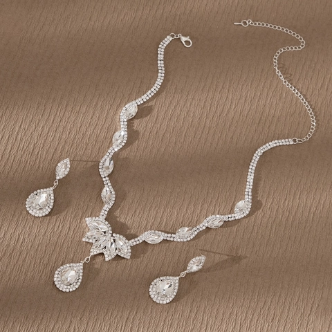 Ensemble de Bijoux Vintage en Alliage Perle Artificielle Strass pour Femme Mariée Mariage Fête Collier Boucles d'Oreilles Goutte