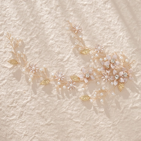 Fascia per Capelli Sposa Vintage con Fiori e Foglie Fatta a Mano in Metallo Perle Artificiali e Strass per Matrimonio