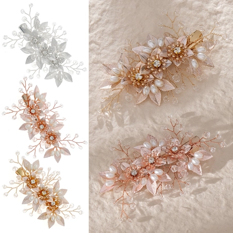 Fermaglio per Capelli da Sposa Floreale Fatto a Mano Perla Artificiale Strass Rame Fermaglio a Becco d'Anatra Matrimonio Festa Retro Accessori Capelli Donna